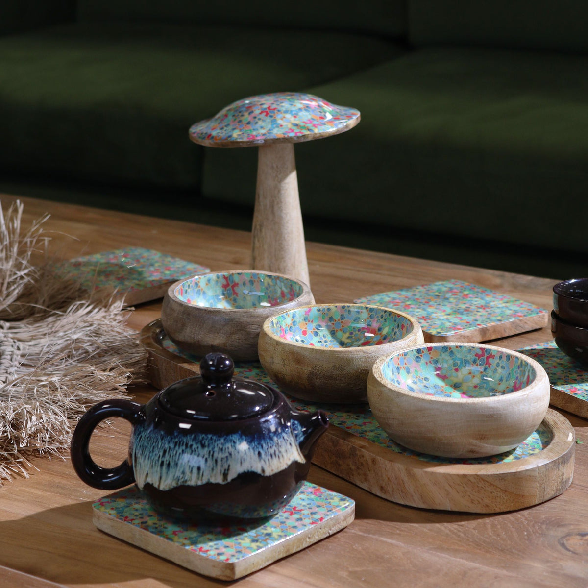 Mango Wood Tray with 3 Bowls - Mediterranean Tile pattern