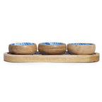 Mango Wood Tray with 3 Bowls - Blue Stripes